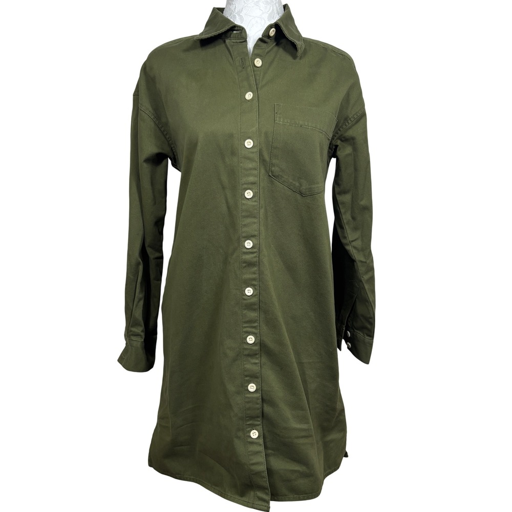 Madewell Olive Green Utility Long Sleeve Button Up Mini Shirt Dress Womens XS